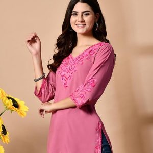 Embroidered Kashmiri Tunic Top, Short Kurti for Women on Jeans, V-Neck, 3/4 Sleeve, Floral Design,