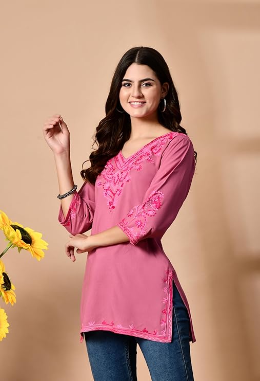 Embroidered Kashmiri Tunic Top, Short Kurti for Women on Jeans, V-Neck, 3/4 Sleeve, Floral Design,